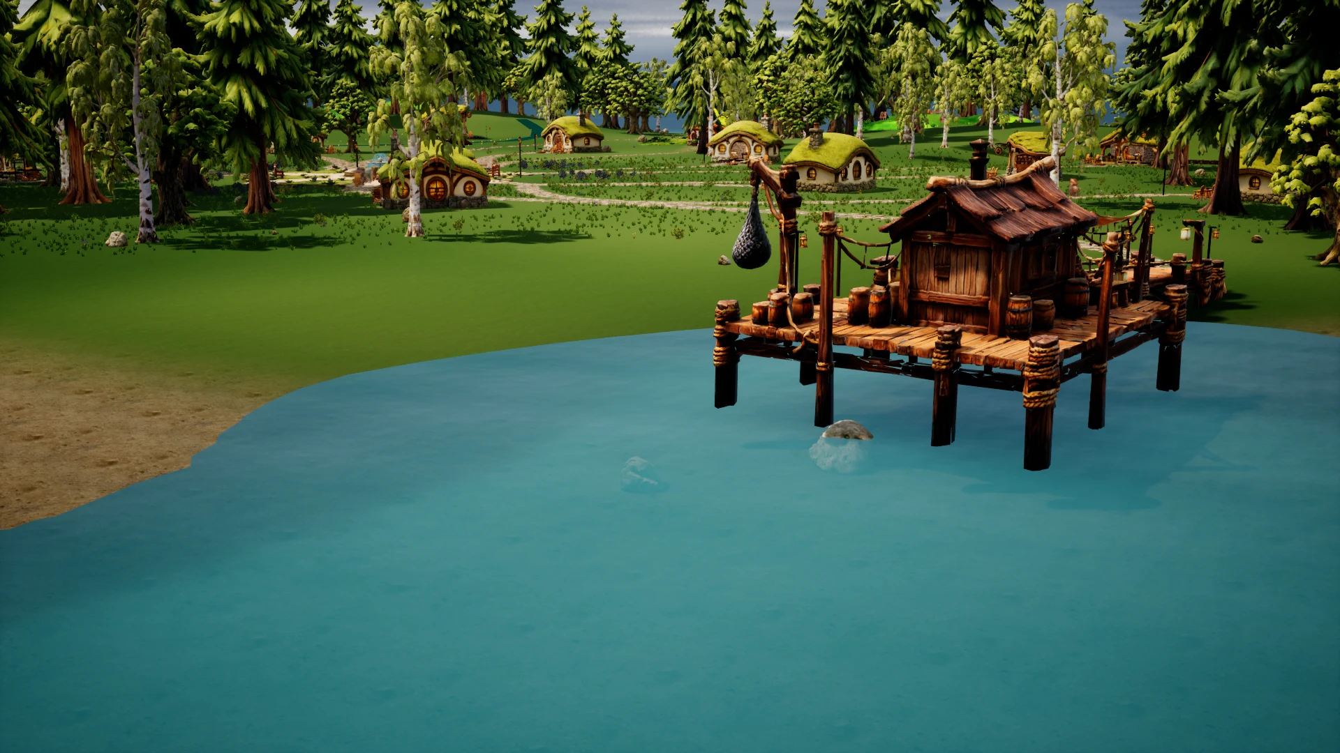 The wooden harbour and pirate-style sailing ship on Elsewhere's coast